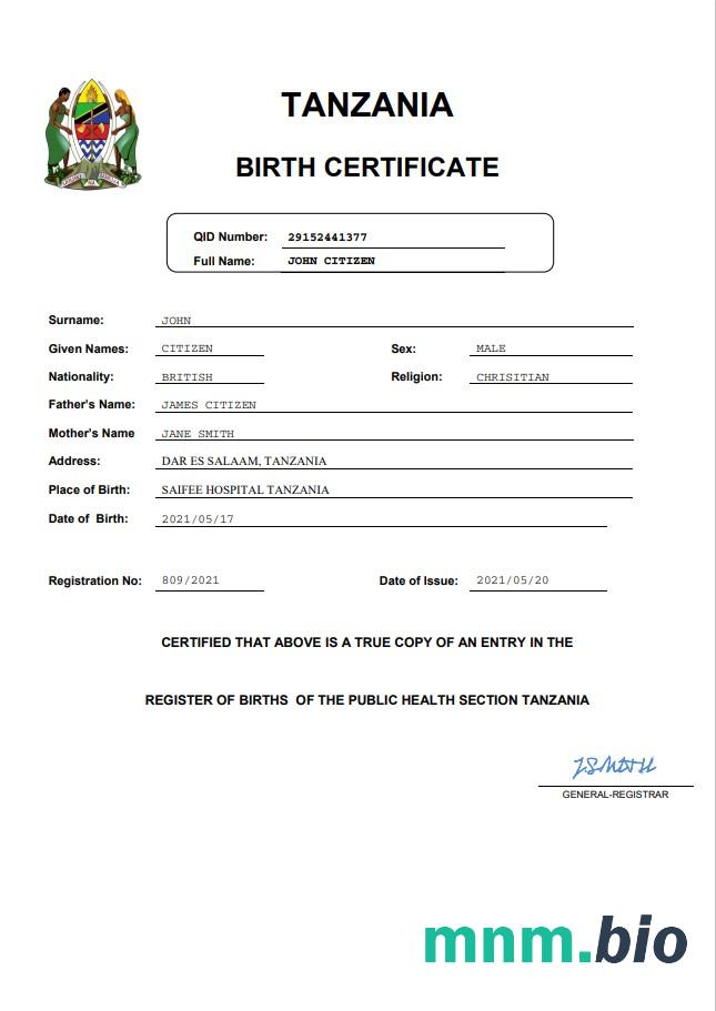 Tanzania narodziny certyfikat Word i PDF szablon
